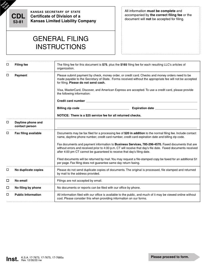 Certificate Of Division LLC {CDL 53-81} | Pdf Fpdf Docx | Kansas