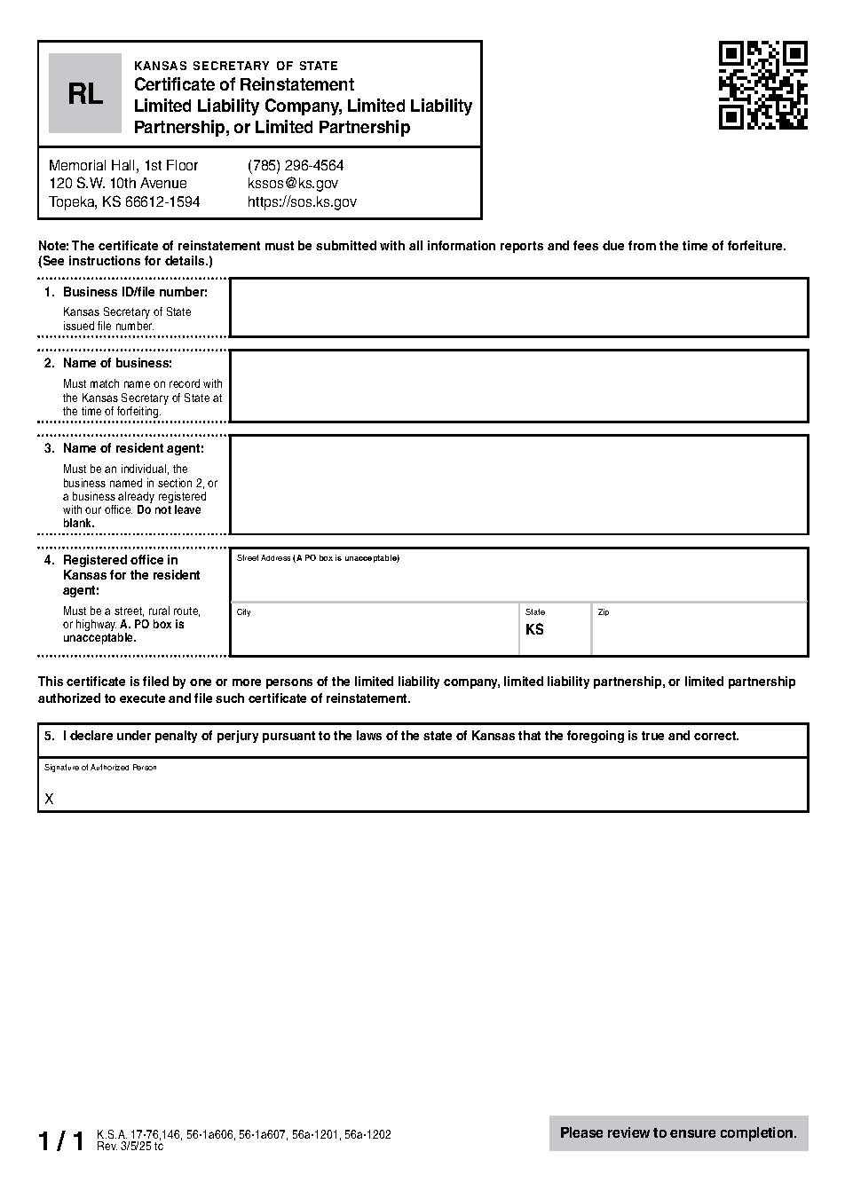 Certificate Of Reinstatement Of LLC LLP LP {RL} | Pdf Fpdf Docx | Kansas