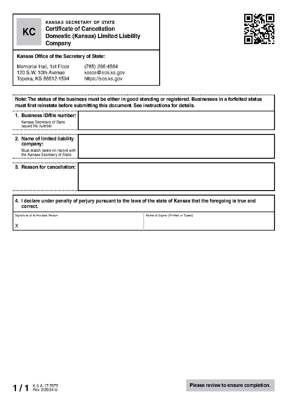 Kansas Limited Liability Company Certificate Of Cancellation {KC} | Pdf Fpdf Docx | Kansas