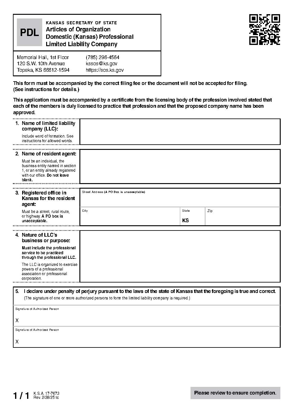 Kansas Professional Limited Liability Company {PDL} | Pdf Fpdf Docx | Kansas