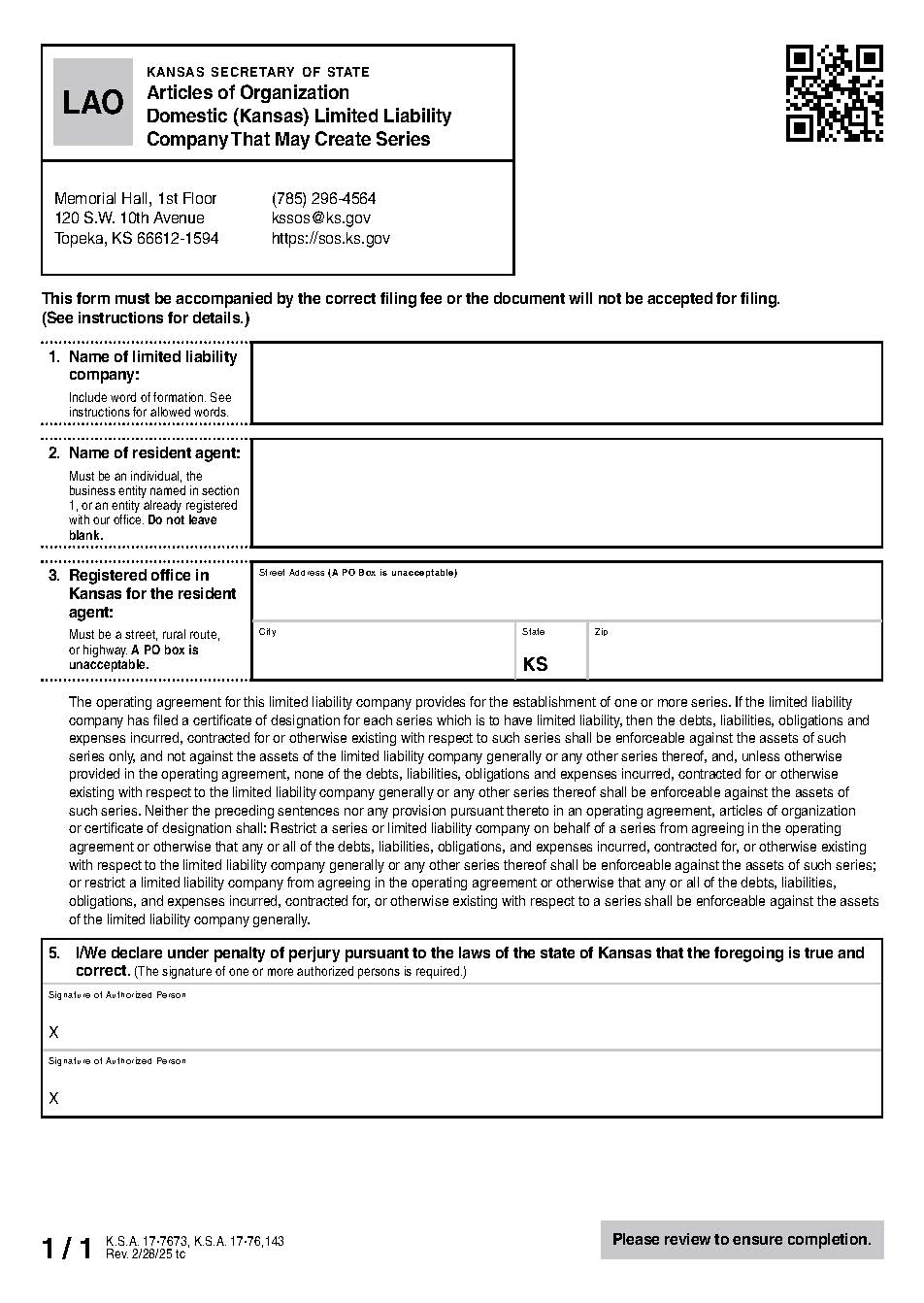 Kansas Series Limited Liability Company Articles Of Organization {LAO} | Pdf Fpdf Docx | Kansas