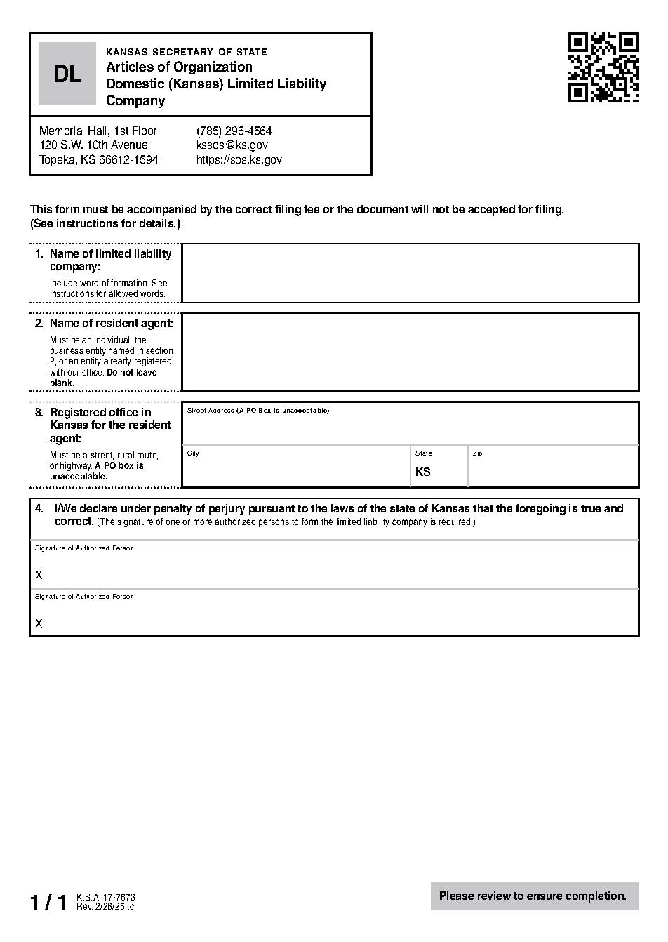 Limited Liability Company Articles Of Organization {DL} | Pdf Fpdf Docx | Kansas