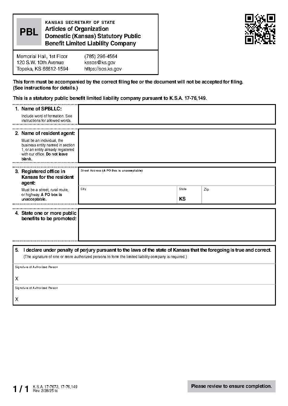 Statutory Public Benefit LLC Articles Of Organization {PBL} | Pdf Fpdf Docx | Kansas