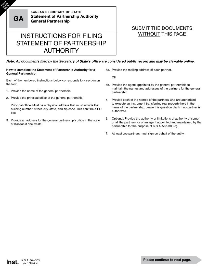 General Partnership Statement Of Partnership Authority {GA 51-11} | Pdf Fpdf Docx | Kansas