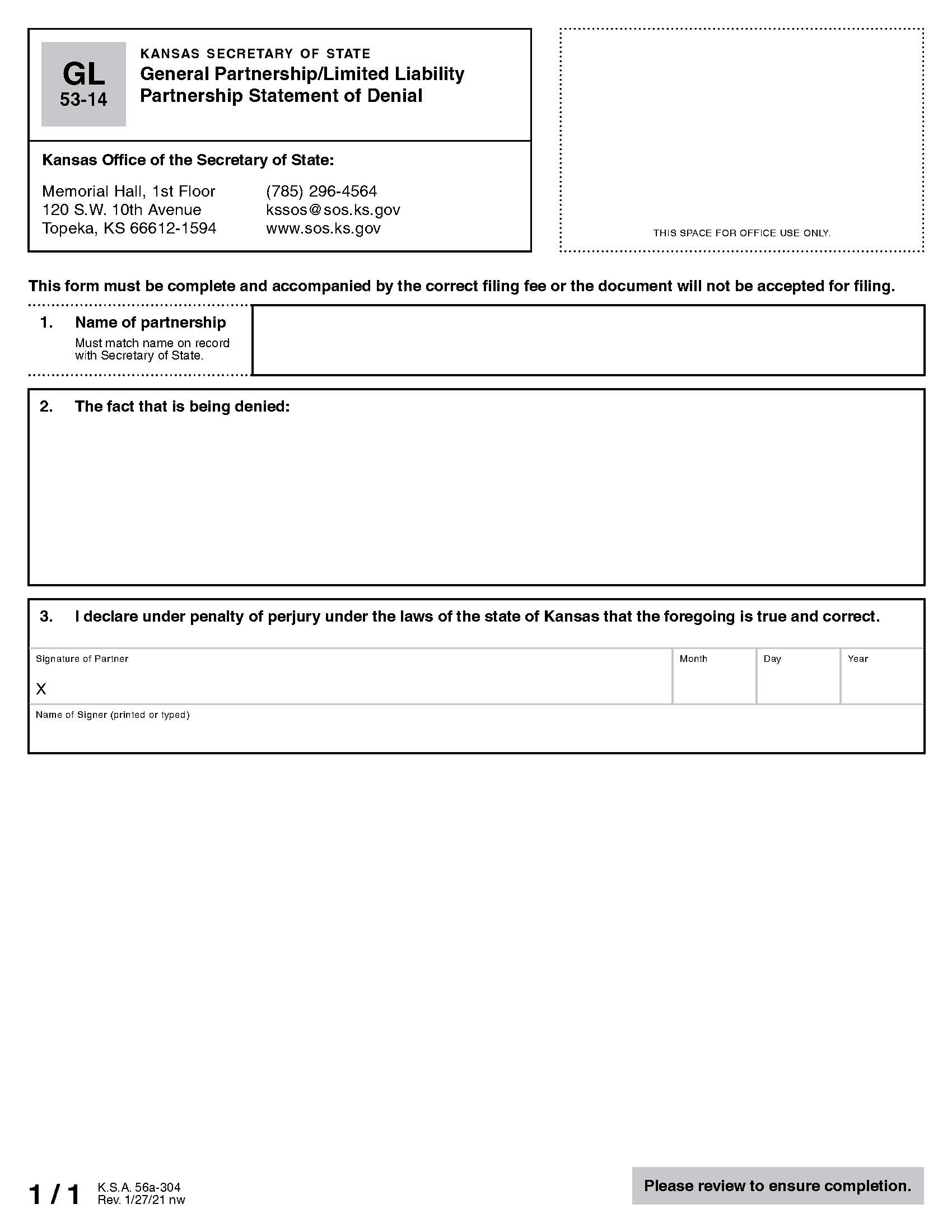 General Partnership-Limited Liability Partnership Statement Of Denial {GL 53-14} | Pdf Fpdf Docx | Kansas
