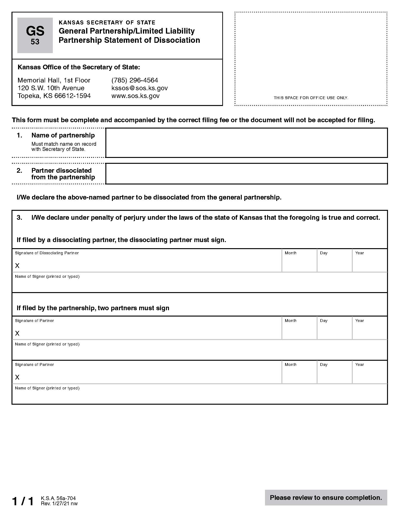 General Partnership-Limited Liability Partnership Statement Of Dissociation {GS 53} | Pdf Fpdf Docx | Kansas