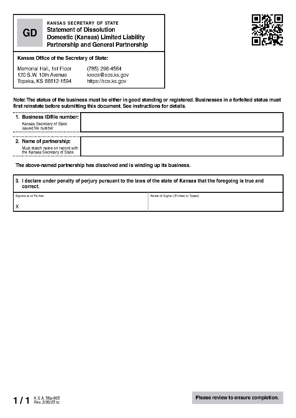 General Partnership-Limited Liability Partnership Statement Of Dissolution {GD 53-01} | Pdf Fpdf Docx | Kansas