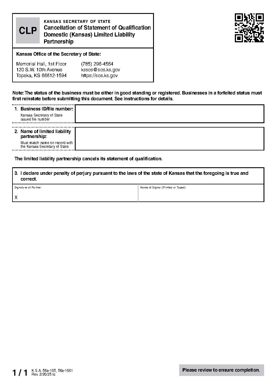 Limited Liability Partnership Cancellation Of Statement Of Qualification {CLP 53-02} | Pdf Fpdf Docx | Kansas
