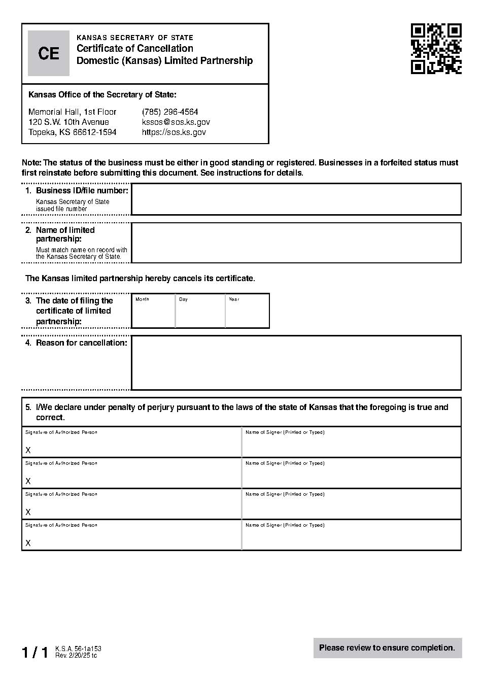 Limited Partnership Certificate Of Cancellation {CE 53-02} | Pdf Fpdf Docx | Kansas
