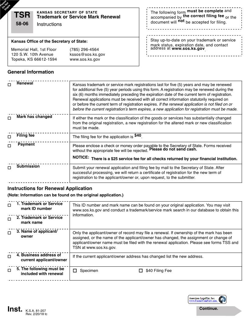 Trademark Or Service Mark Renewal{TSR} | Pdf Fpdf Docx | Kansas