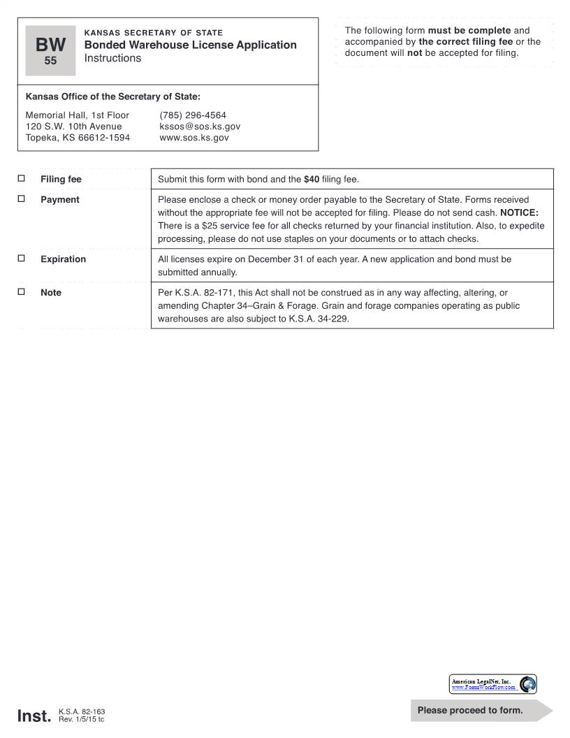 Bonded Warehouse License Application {BW} | Pdf Fpdf Docx | Kansas