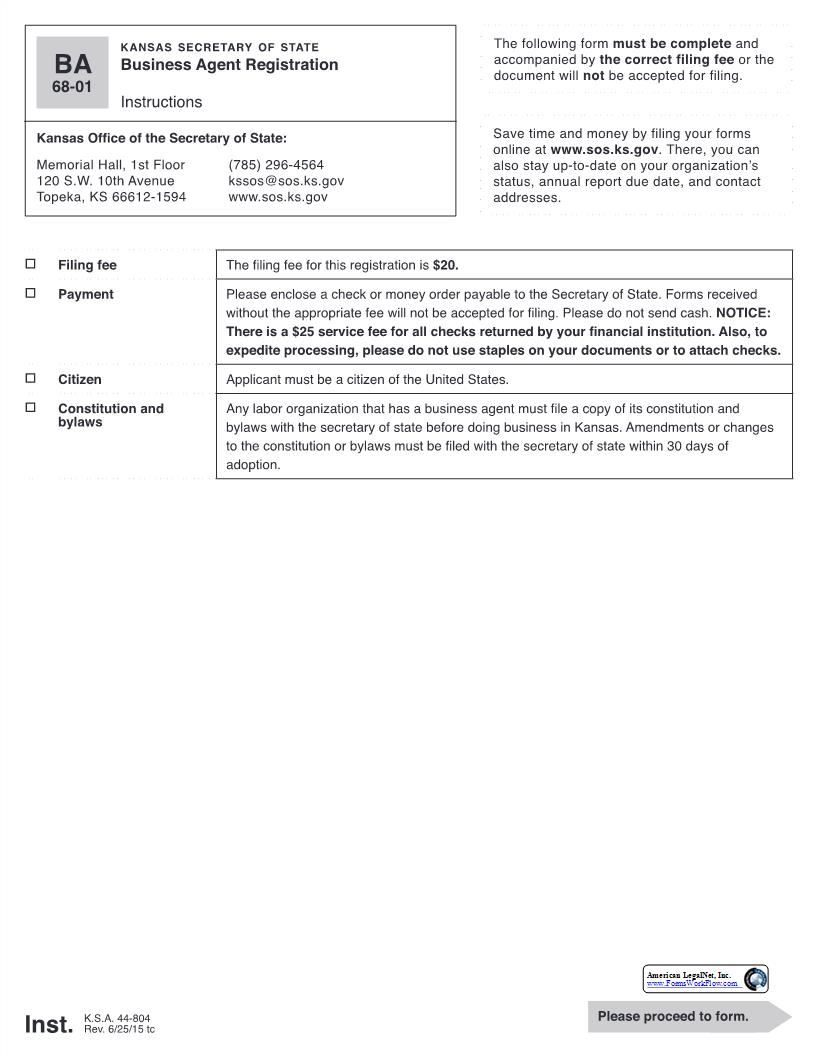 Business Agent Registration {BA} | Pdf Fpdf Docx | Kansas