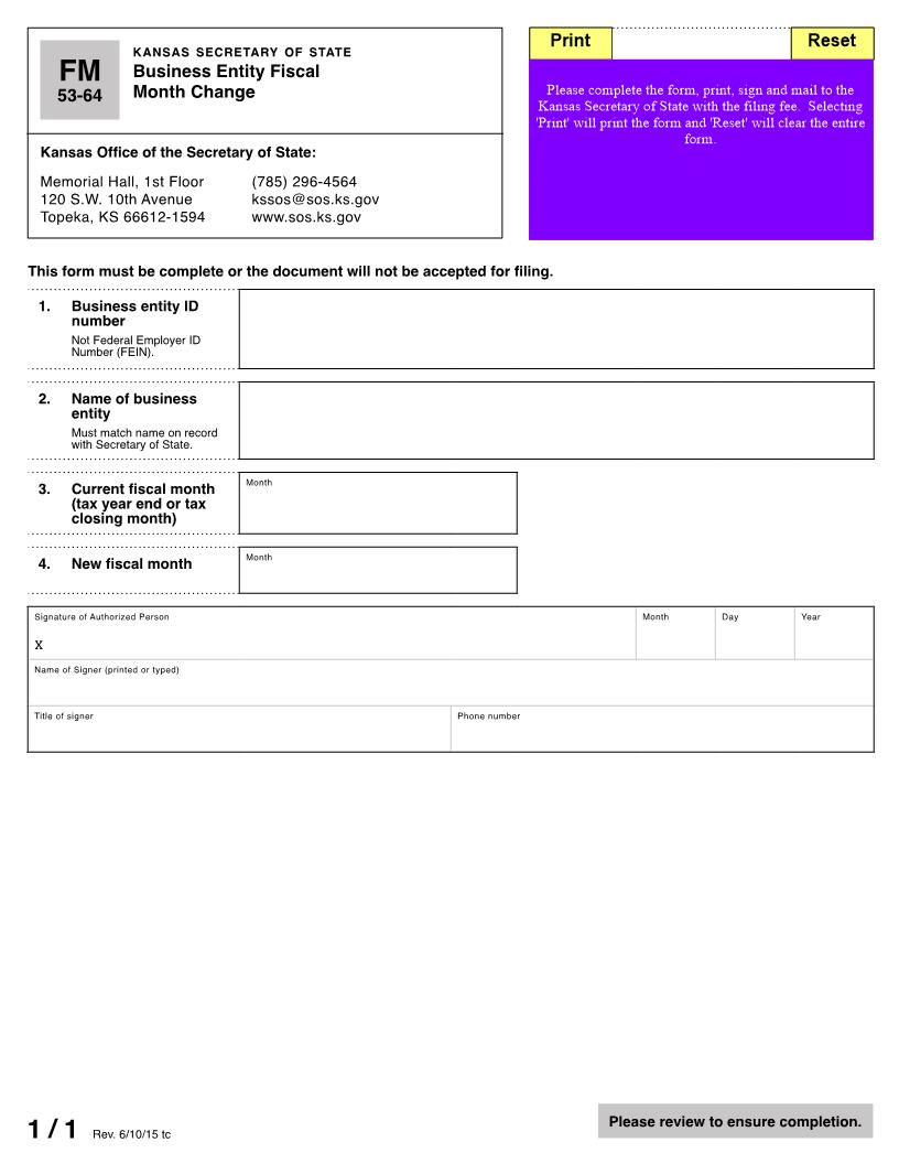 Business Entity Fiscal Monthly Change {FM} | Pdf Fpdf Docx | Kansas