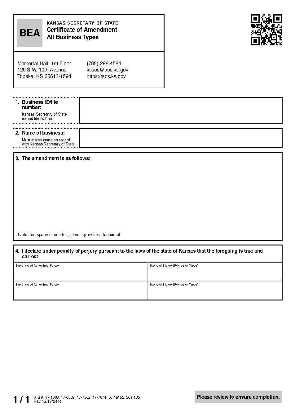 Certificate Of Amendment {BEA} | Pdf Fpdf Docx | Kansas