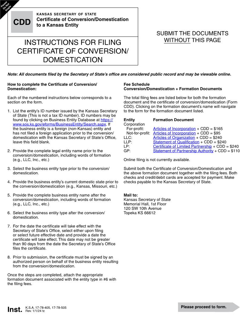 Certificate Of Conversion-Domestication To Domestic (Kansas) {CDD} | Pdf Fpdf Docx | Kansas