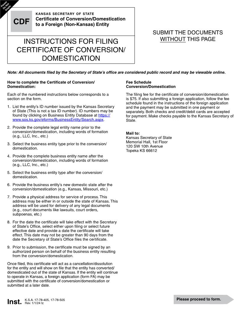 Certificate Of Conversion-Domestication To Foreign (Non-Kansas) {CDF} | Pdf Fpdf Docx | Kansas