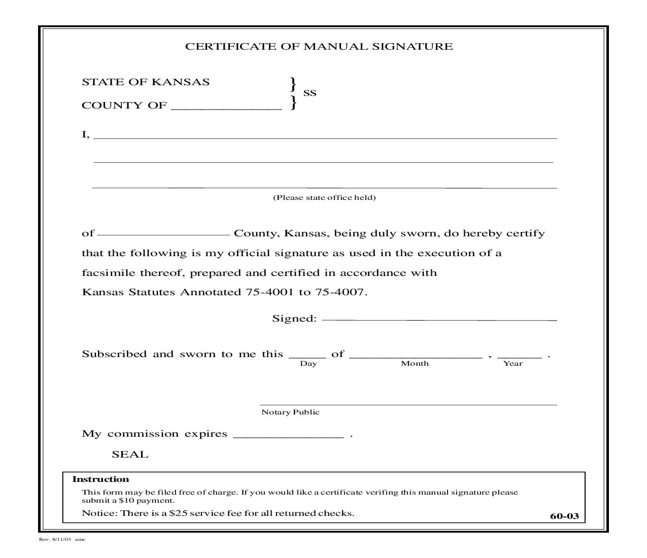 Certificate Of Manual Signature {MN} | Pdf Fpdf Doc Docx | Kansas