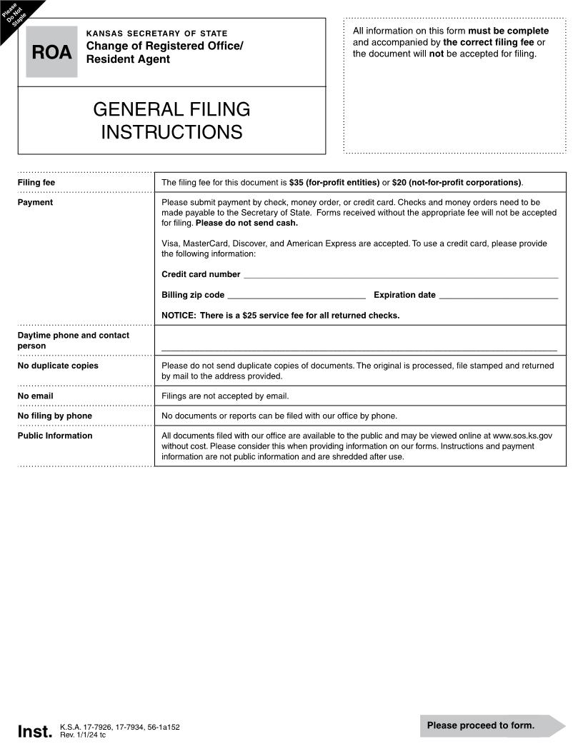 Change Of Registered Office Or Agent {ROA} | Pdf Fpdf Docx | Kansas