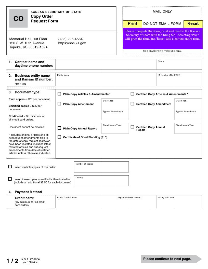 Copy Order Request Form {CO} | Pdf Fpdf Docx | Kansas