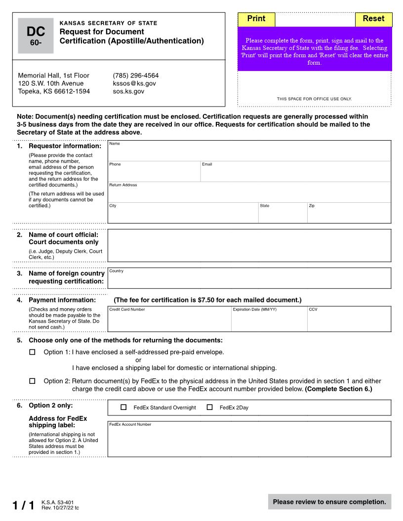 Request For Document Certification {DC 60} | Pdf Fpdf Docx | Kansas