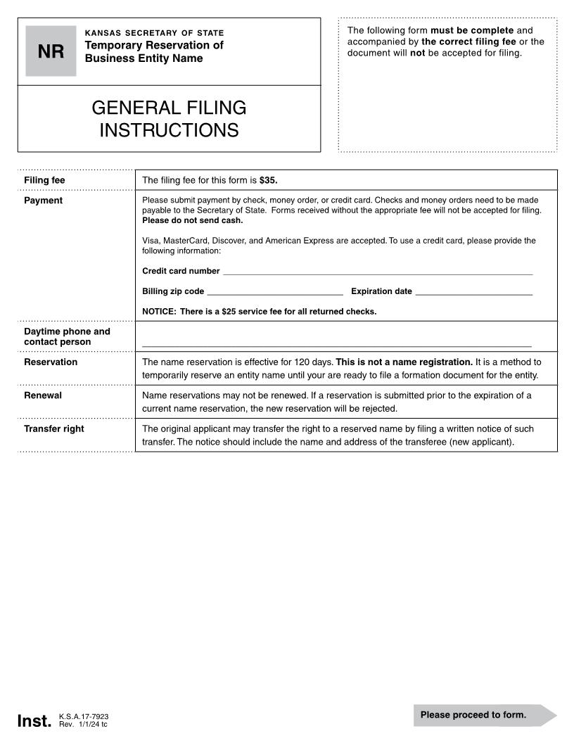 Temporary Reservation Of Business Entity Name {NR 52-01} | Pdf Fpdf Docx | Kansas