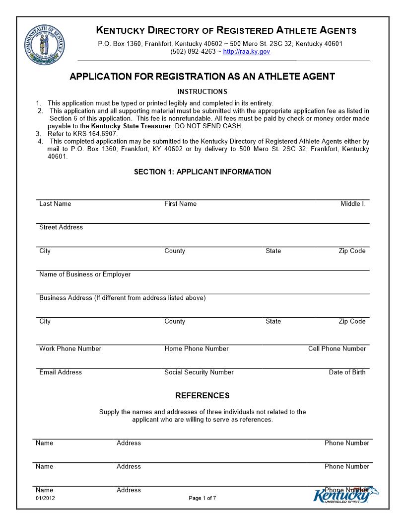 Application For Registration As An Athlete Agent | Pdf Fpdf Doc Docx | Kentucky
