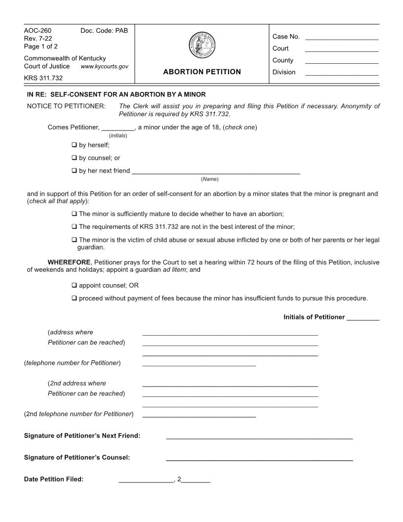 Abortion Petition {260} | Pdf Fpdf Doc Docx | Kentucky