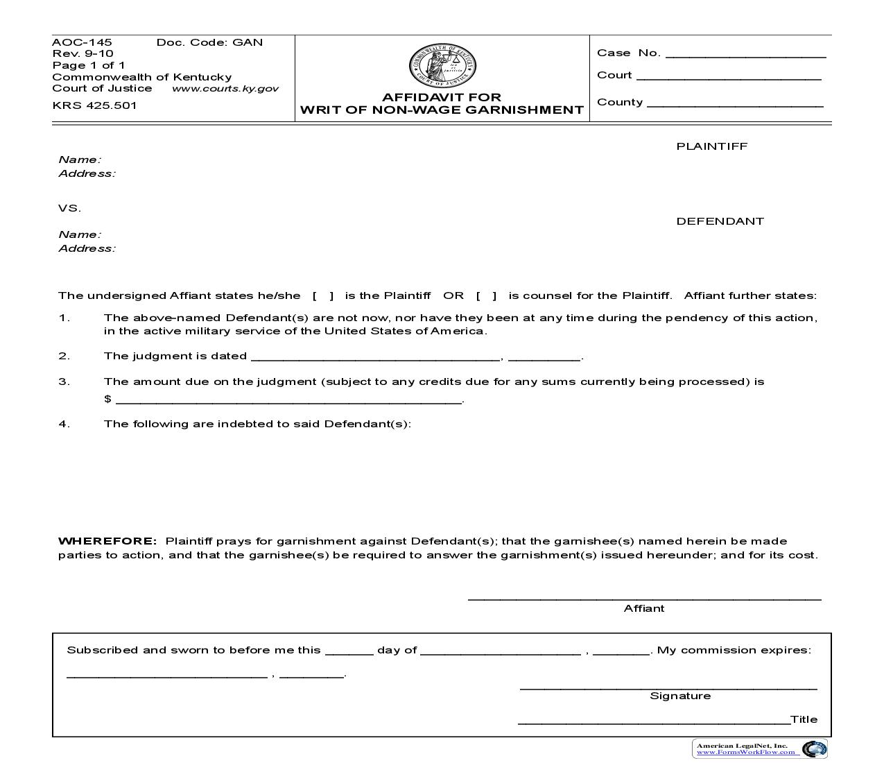 Affidavit For Writ Of Non Wage Garnishment {145} | Pdf Fpdf Doc Docx | Kentucky