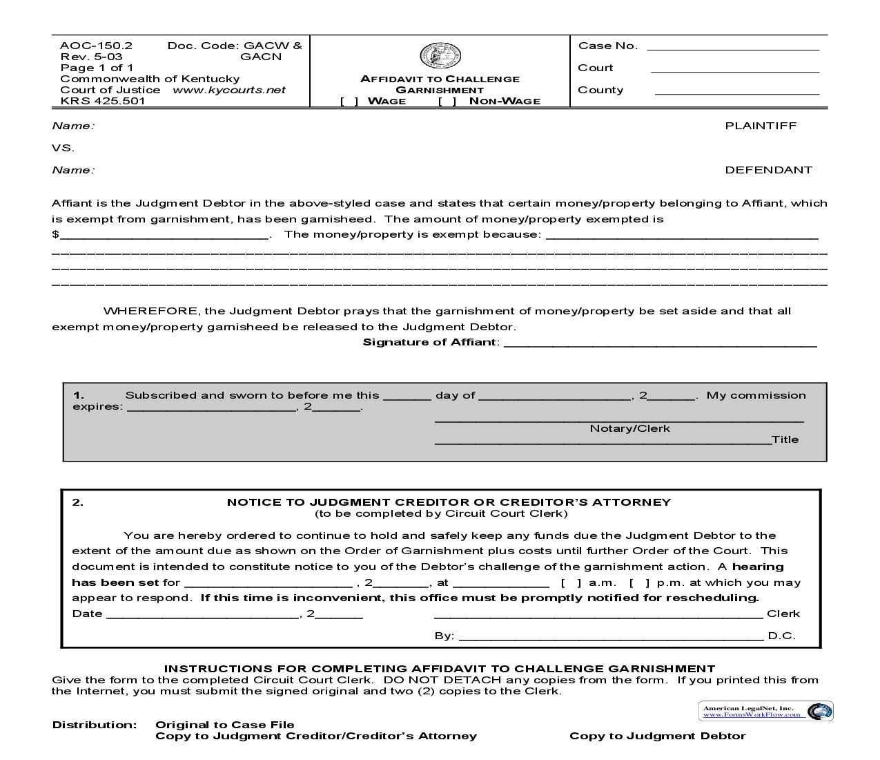 Affidavit To Challenge Garnishment {150.2} | Pdf Fpdf Doc Docx | Kentucky