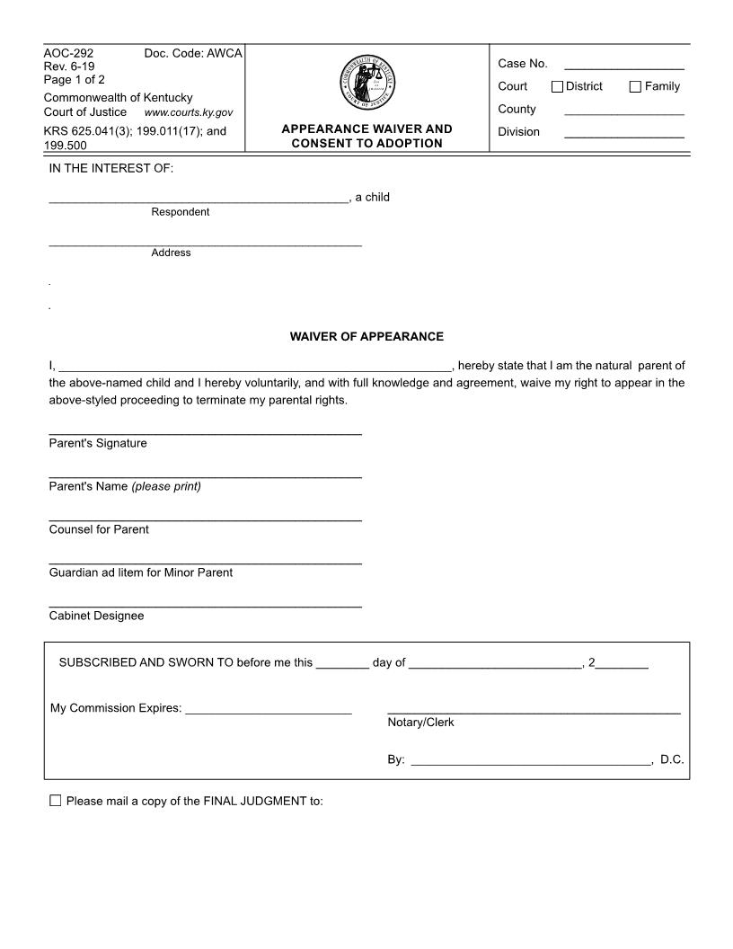 Appearance Waiver And Consent To Adoption {292} | Pdf Fpdf Docx | Kentucky