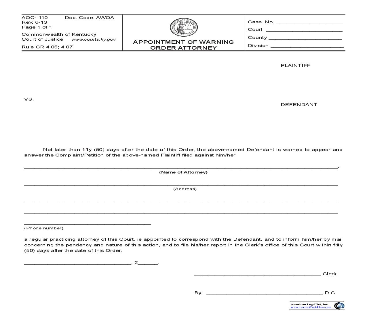 Appointment Of Warning Order Attorney {110} | Pdf Fpdf Doc Docx | Kentucky