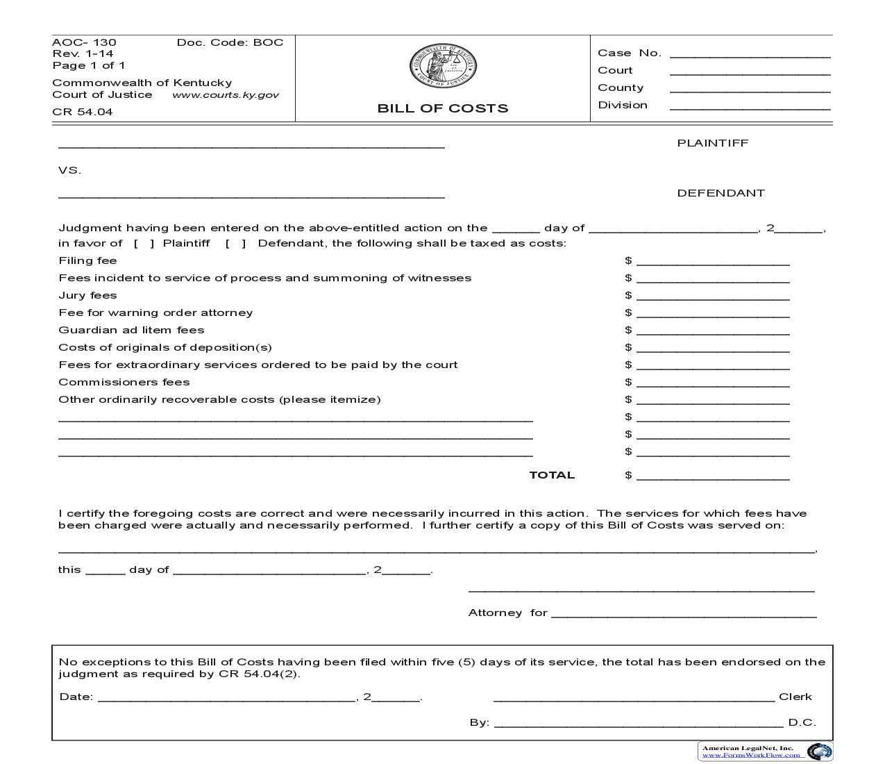 Bill Of Costs {130} | Pdf Fpdf Doc Docx | Kentucky