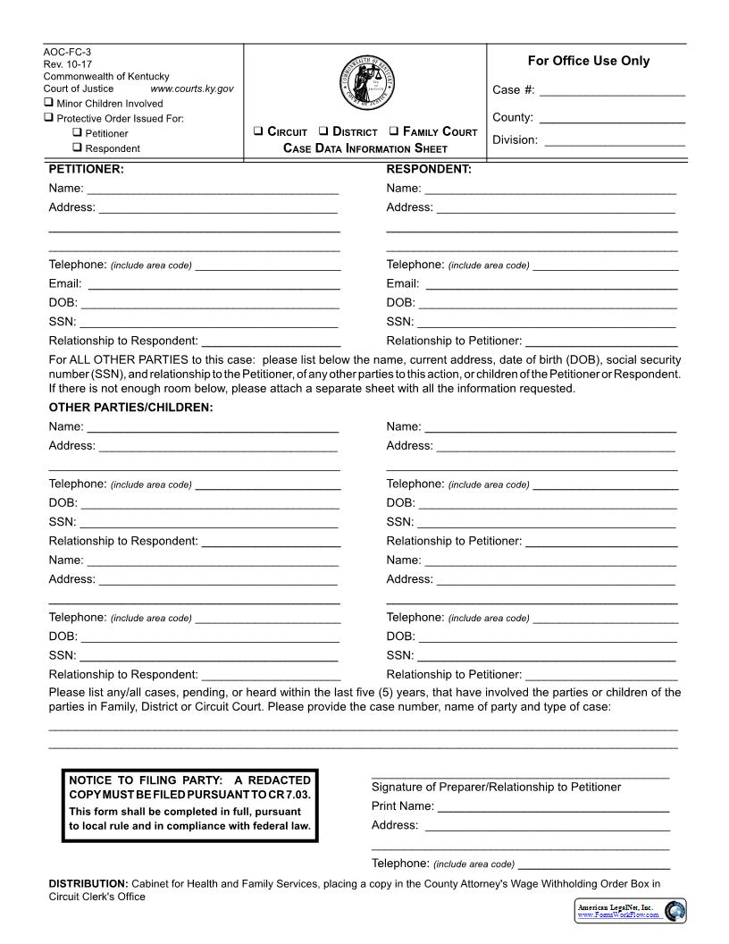 Case Data Information Sheet {FC-3} | Pdf Fpdf Docx | Kentucky