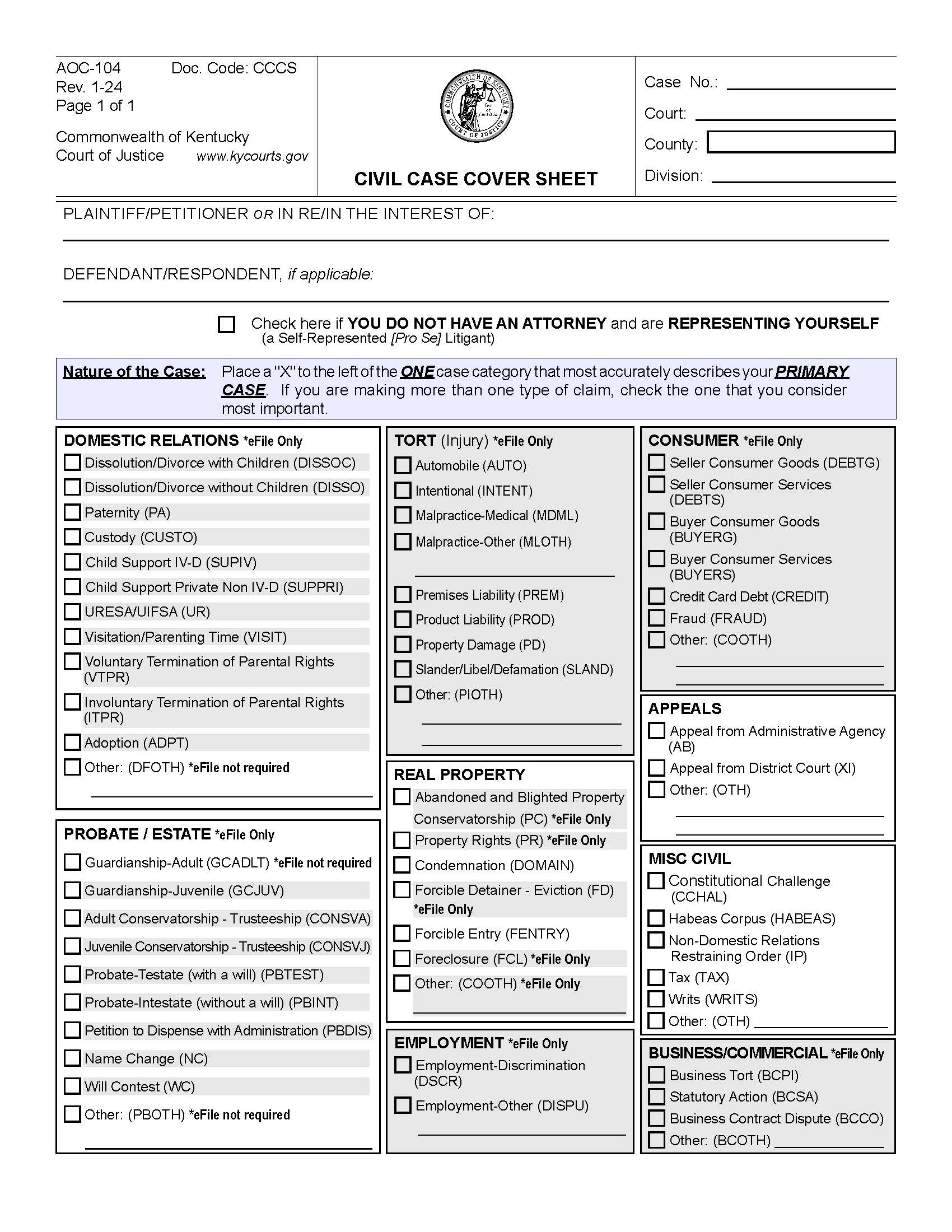 Civil Case Cover Sheet {104} | Pdf Fpdf Docx | Kentucky