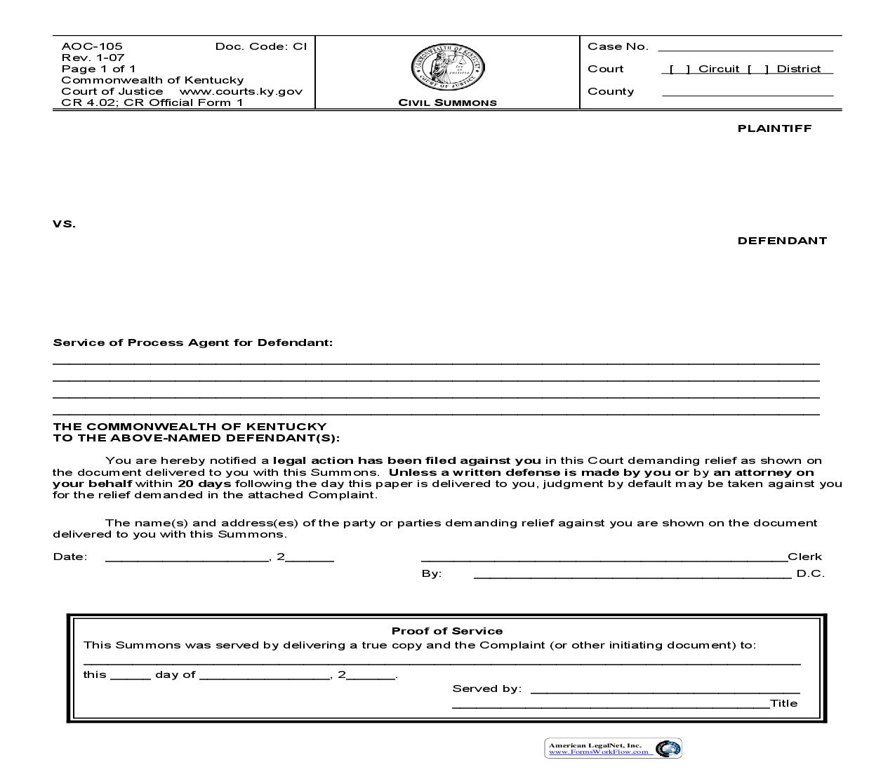 Civil Summons {105} | Pdf Fpdf Doc Docx | Kentucky