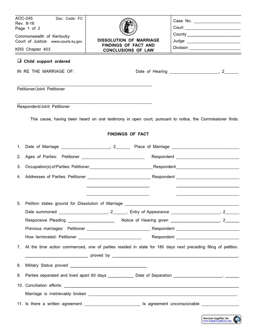 Dissolution Of Marriage Findings Of Fact And Conclusions Of Law {AOC-245} | Pdf Fpdf Docx | Kentucky