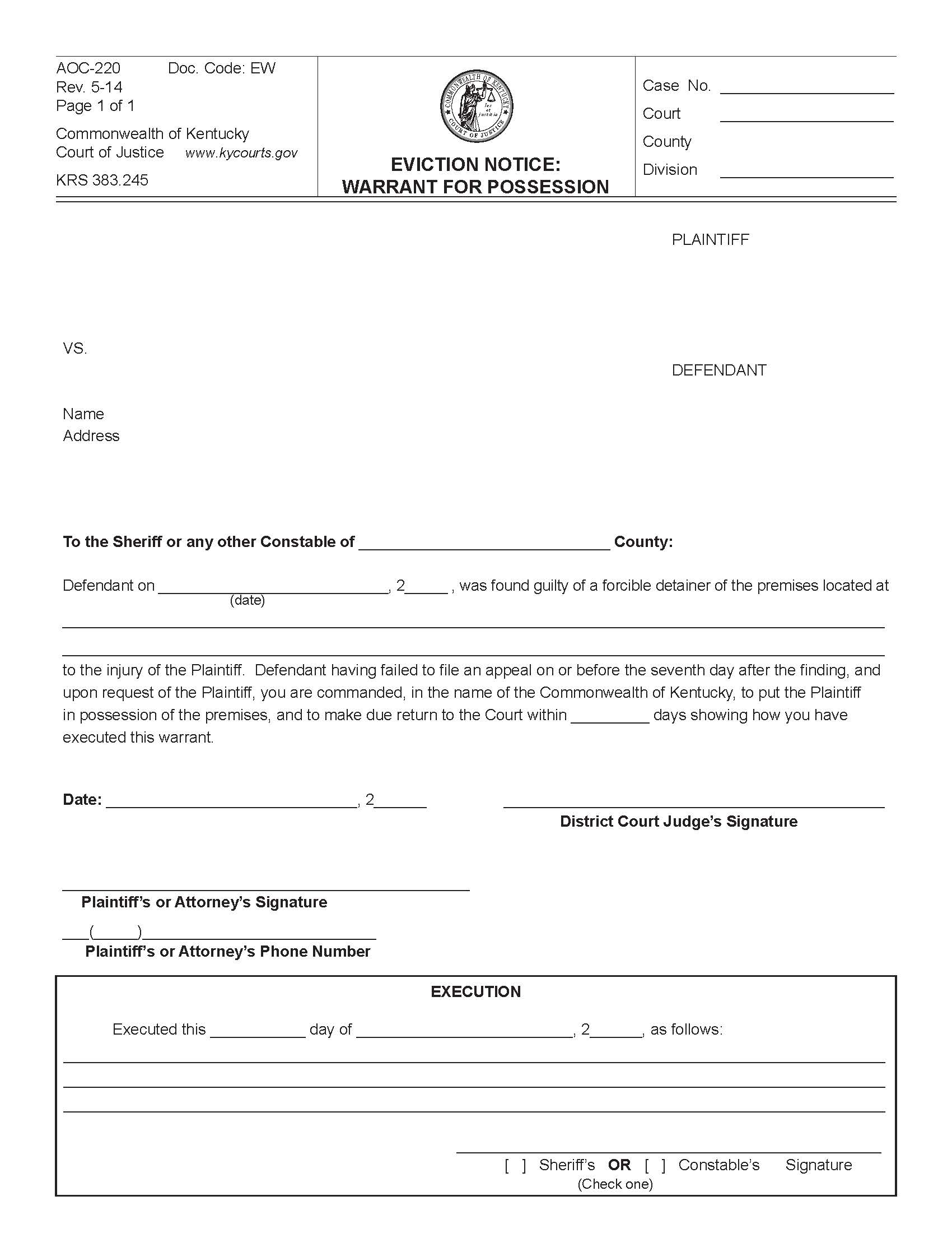 Eviction Notice  Warrant For Possession {220} | Pdf Fpdf Doc Docx | Kentucky