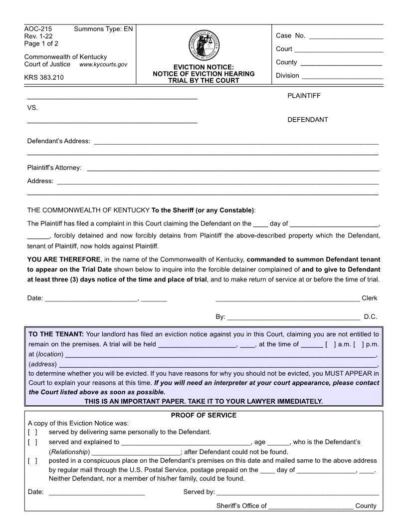 Eviction Notice Notice Of Eviction Hearing Trial By The Court {AOC 215} | Pdf Fpdf Doc Docx | Kentucky