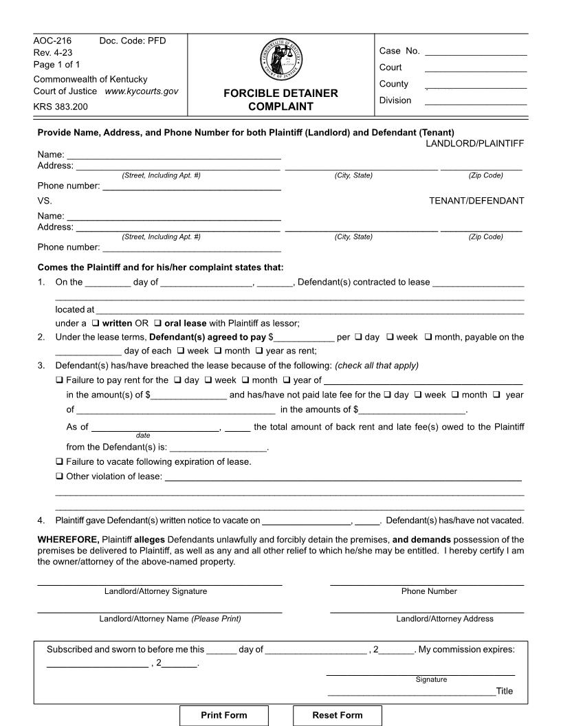 Forcible Detainer Complaint {216} | Pdf Fpdf Doc Docx | Kentucky