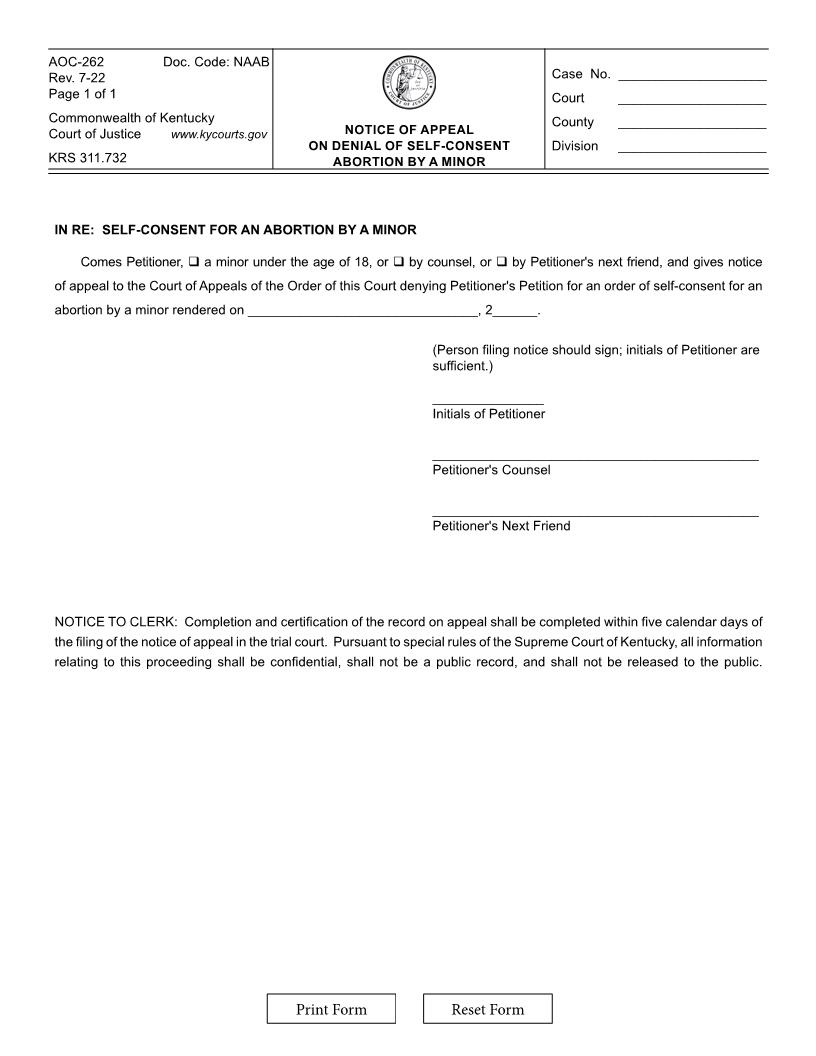 Notice Of Appeal On Denial Of Self Consent Abortion By Minor {262} | Pdf Fpdf Doc Docx | Kentucky