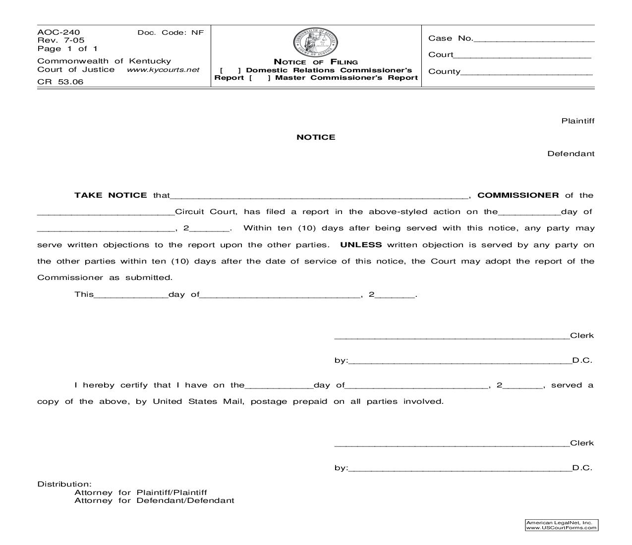Notice Of Filing {AOC-240} | Pdf Fpdf Doc Docx | Kentucky