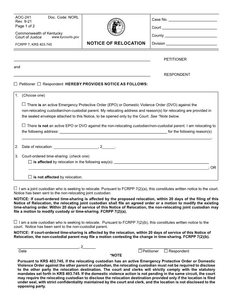 Notice Of Relocation {241} | Pdf Fpdf Doc Docx | Kentucky