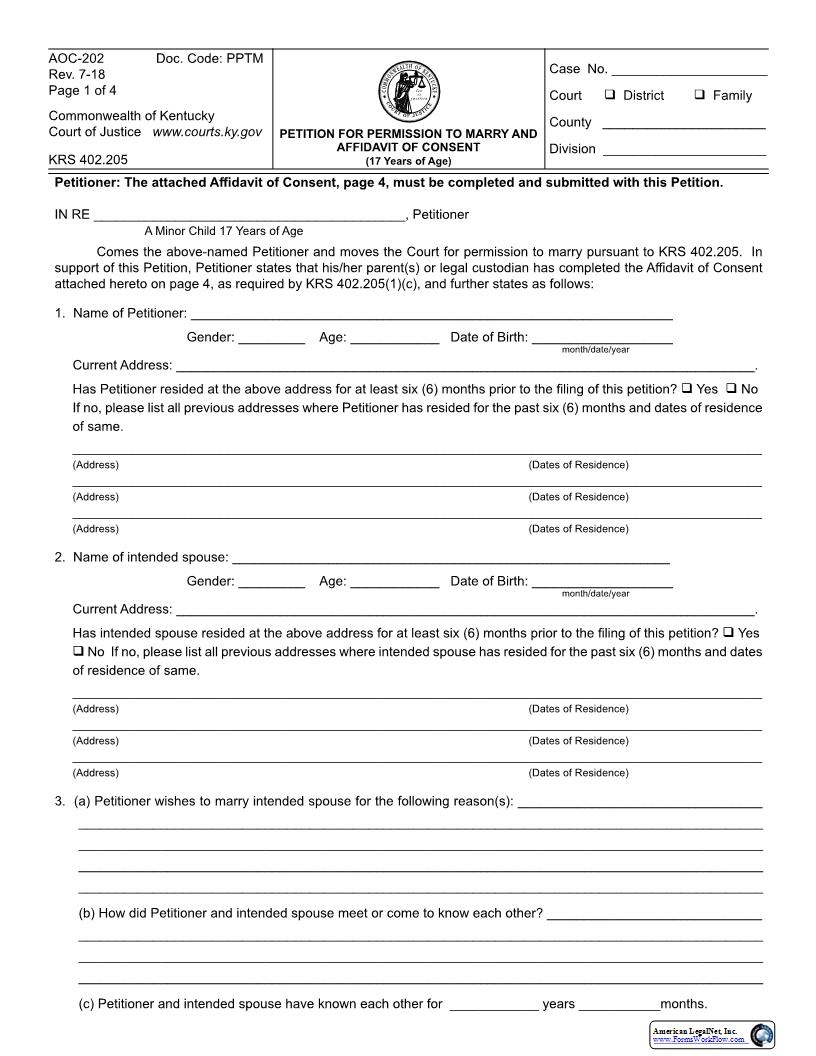 Petition For Permission To Marry And Affidavit Of Consent {AOC-202} | Pdf Fpdf Docx | Kentucky
