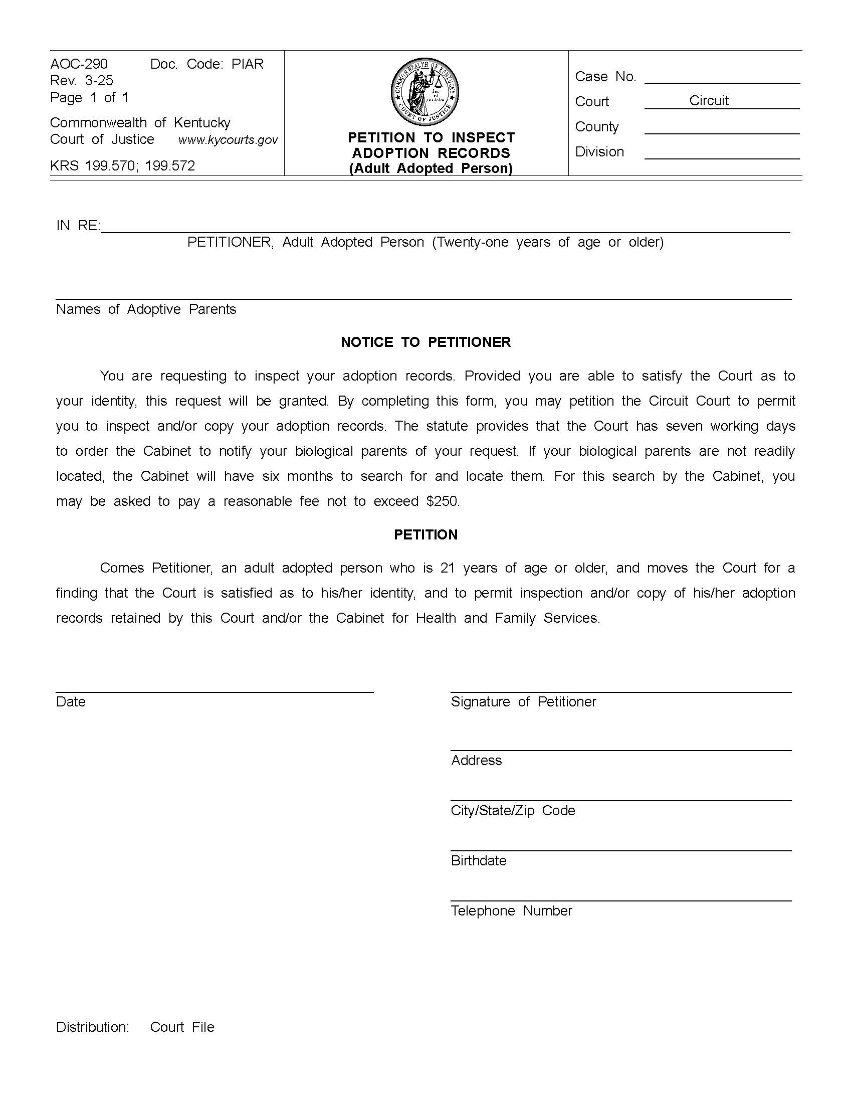 Petition To Inspect Adoption Records {290} | Pdf Fpdf Doc Docx | Kentucky