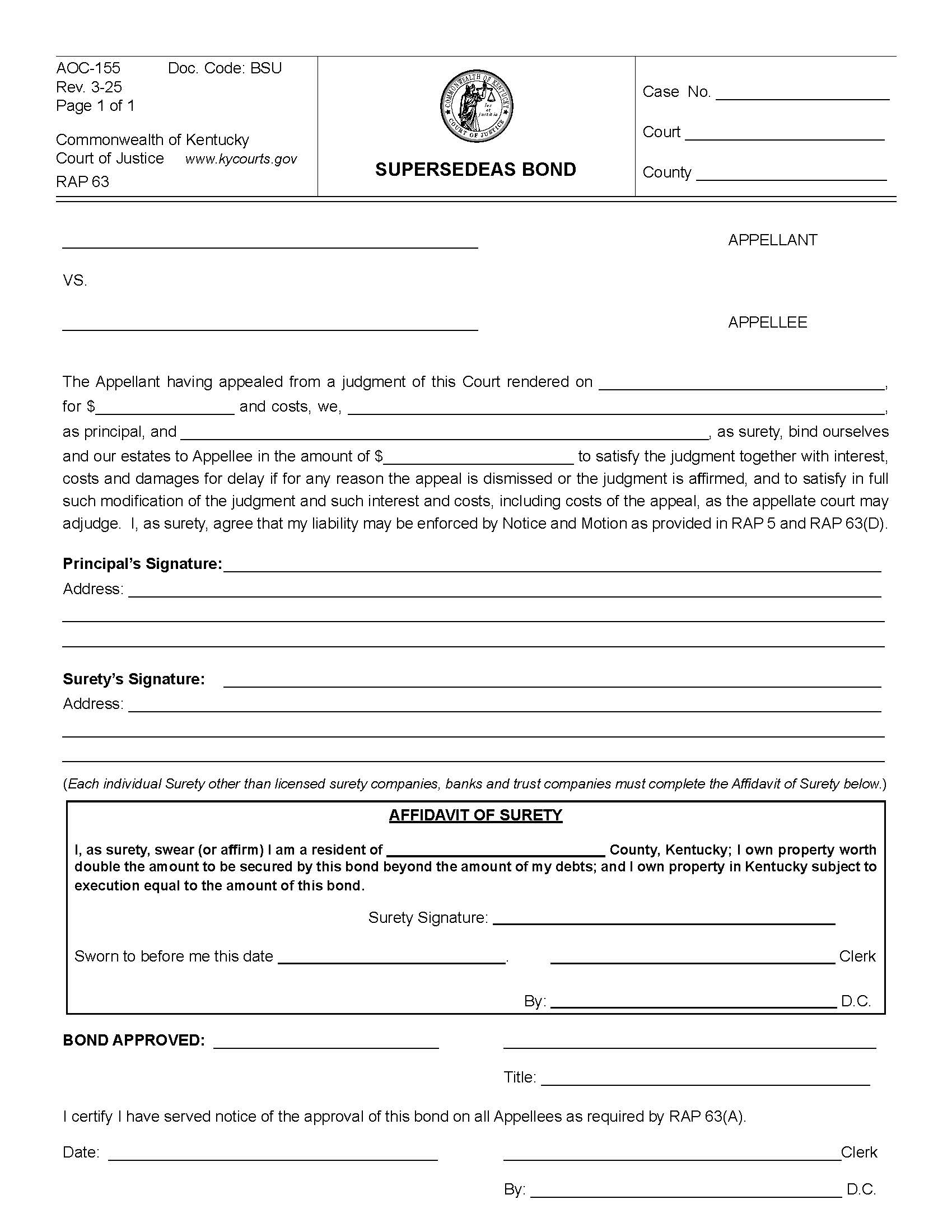 Supersedeas Bond {155} | Pdf Fpdf Docx | Kentucky