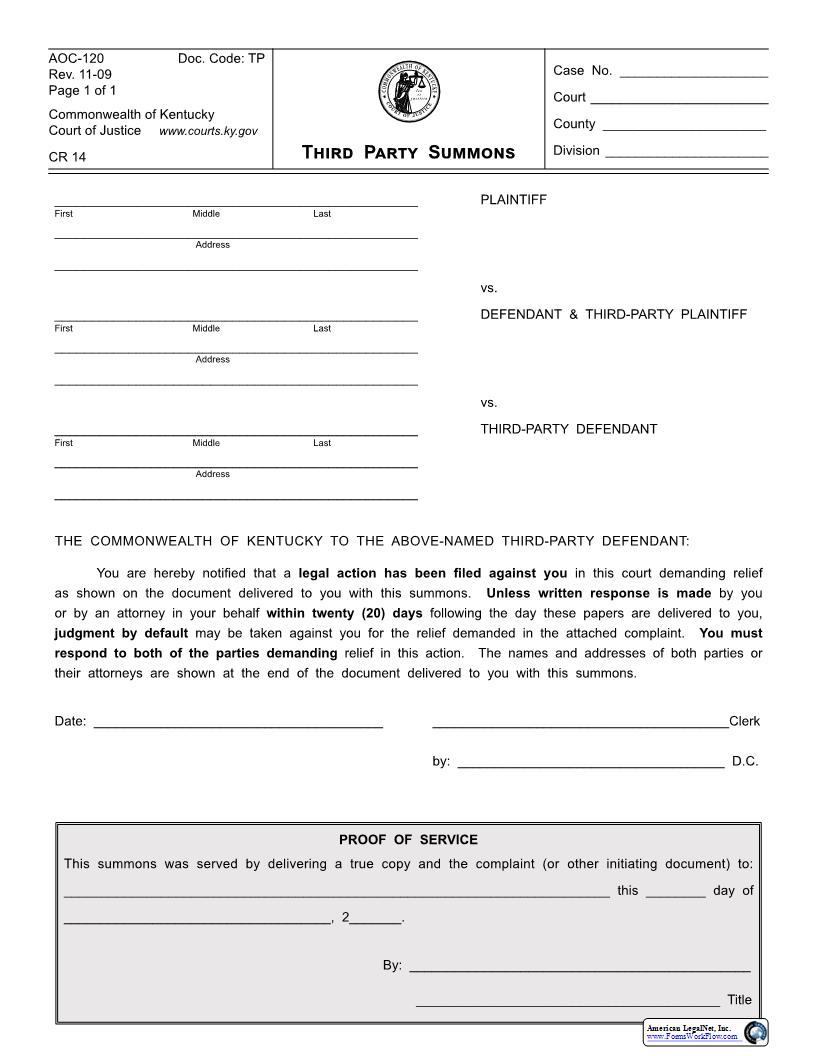 Third Party Summons {AOC-120} | Pdf Fpdf Docx | Kentucky