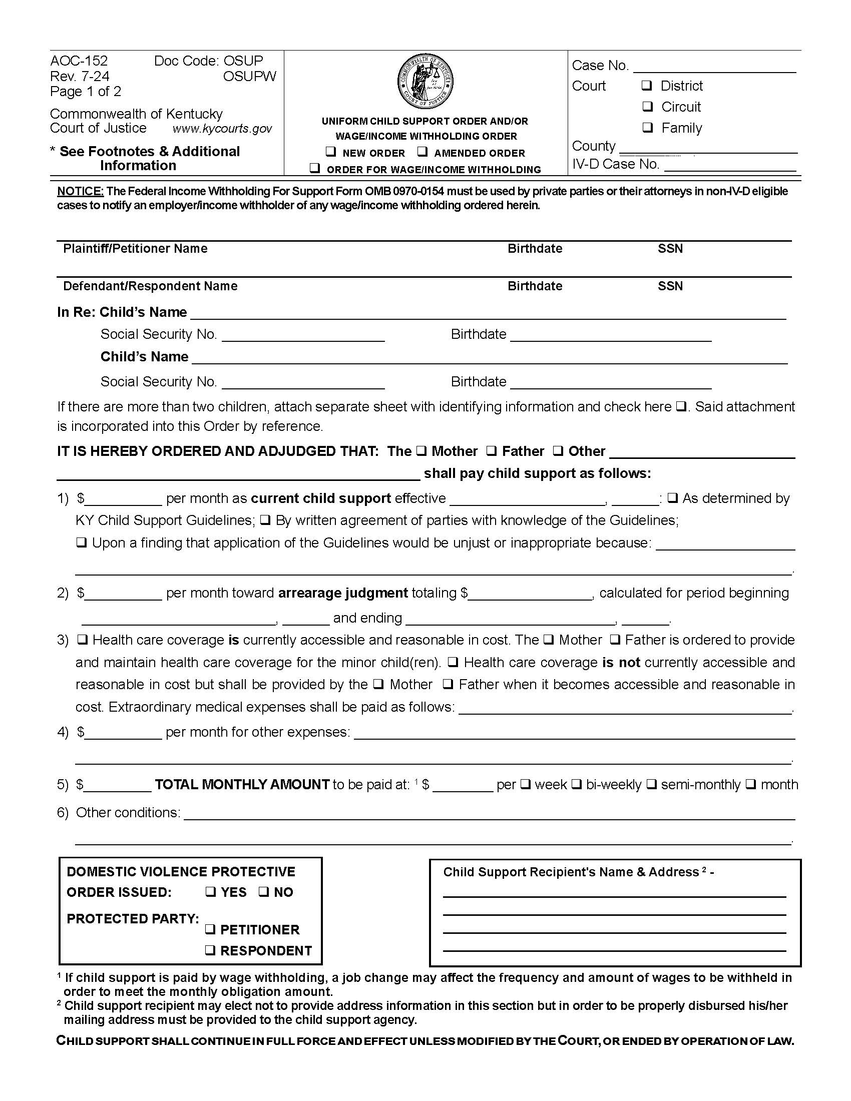 Uniform Child Support Order {AOC-152} | Pdf Fpdf Docx | Kentucky
