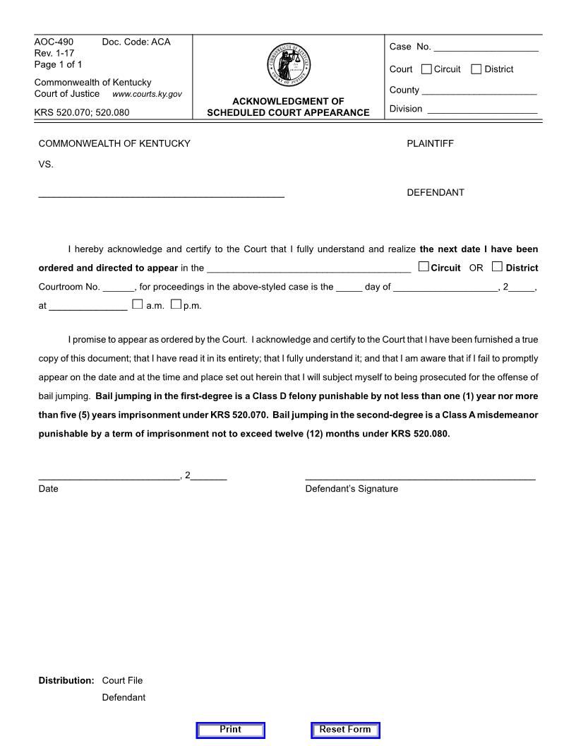 Acknowledgment Of Scheduled Court Appearance {490} | Pdf Fpdf Doc Docx | Kentucky