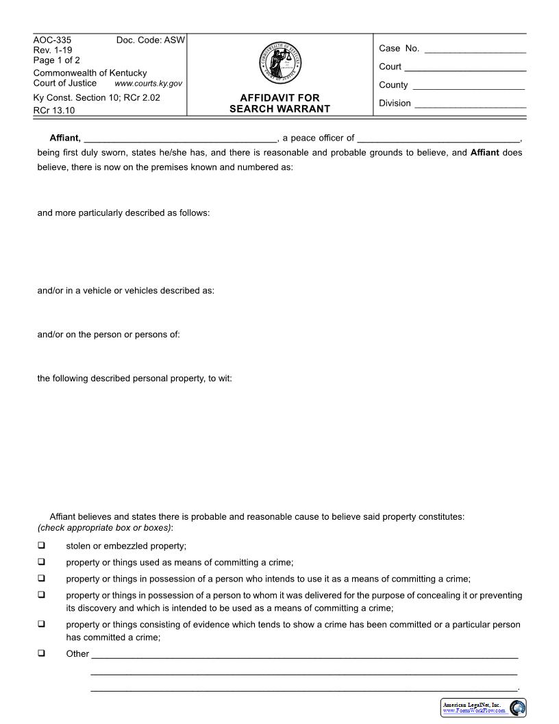 Affidavit For Search Warrant {335} | Pdf Fpdf Docx | Kentucky