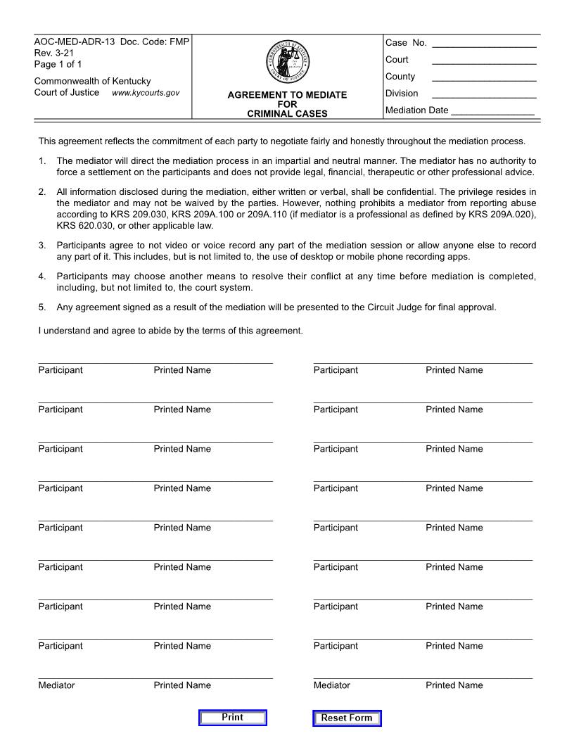 Agreement To Mediate For Criminal Cases | Pdf Fpdf Docx | Kentucky